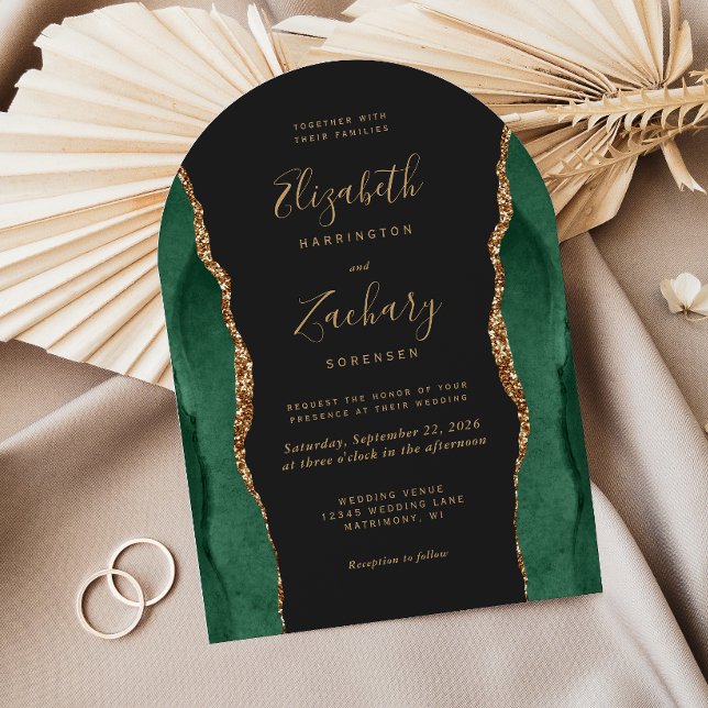 Chic Emerald Green Gold Agate Dark Arch Wedding Invitation (Creator Uploaded)