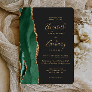 Chic Emerald Green Gold Agate Dark Rounded Wedding Invitation