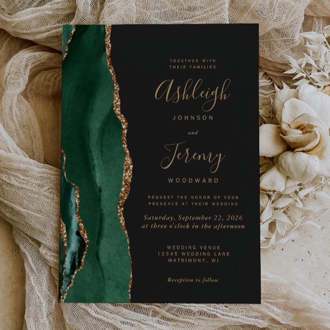 Chic Emerald Green Gold Agate Dark Wedding Invitation (Creator Uploaded)