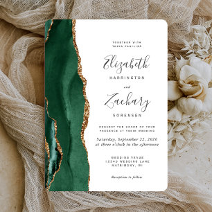 Chic Emerald Green Gold Agate Rounded Wedding Invitation