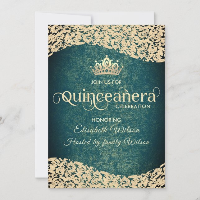 Chic Emerald green gold damask  tiara Quinceañera Invitation (Front)