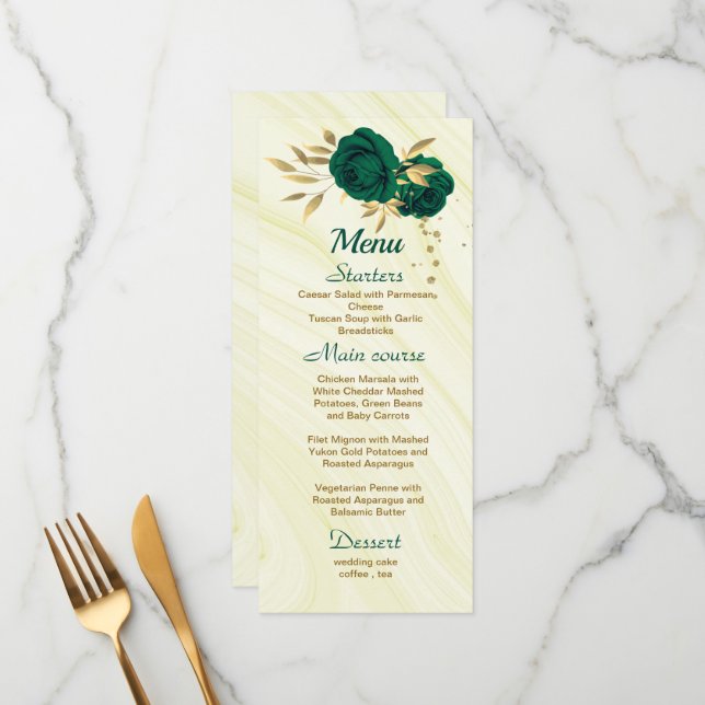 chic emerald green gold floral wedding menu (Front/Back In Situ)