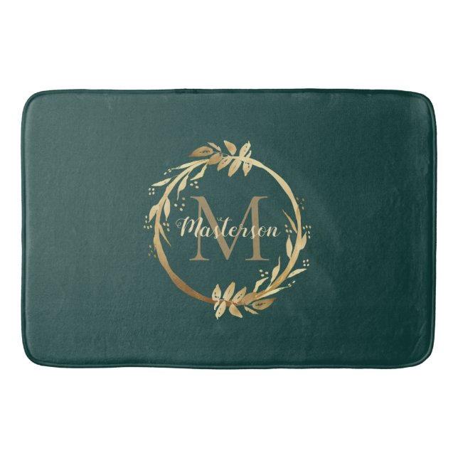 Chic Emerald Green Gold Monogram Eucalyptus Wreath Bath Mat (Front)