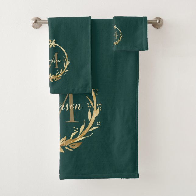 Chic Emerald Green Gold Monogram Eucalyptus Wreath Bath Towel Set (Insitu)