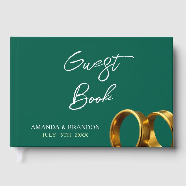 Chic Emerald Green Gold Rings Wedding Guest Book (Front)