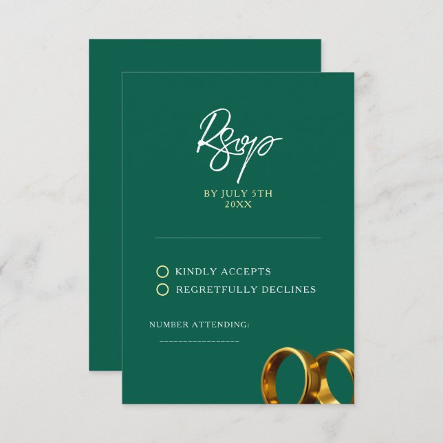 Chic Emerald Green Gold Rings Wedding RSVP Card (Front/Back)
