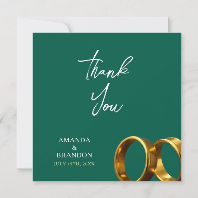 Chic Emerald Green Gold Rings Wedding Thank You Card (Front)