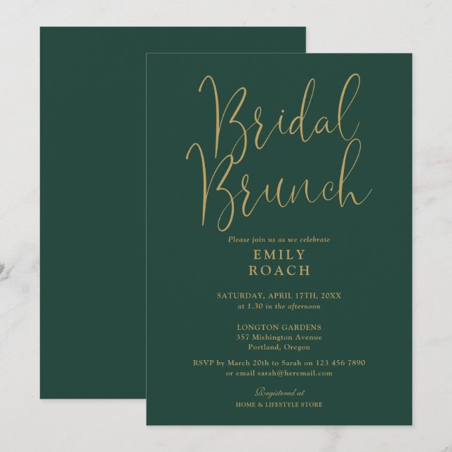 Chic Emerald Green Gold Script Bridal Bunch Shower Invitation (Front/Back)