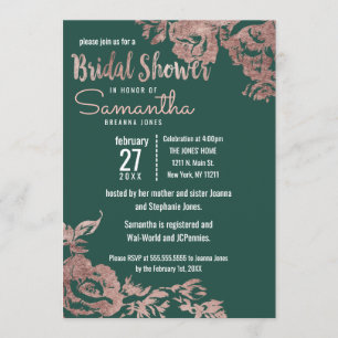 Chic Emerald Green Rose Gold Floral Bridal Shower Invitation
