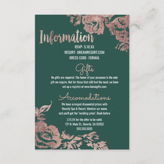 Chic Emerald Green Rose Gold Floral Information Enclosure Card (Front)