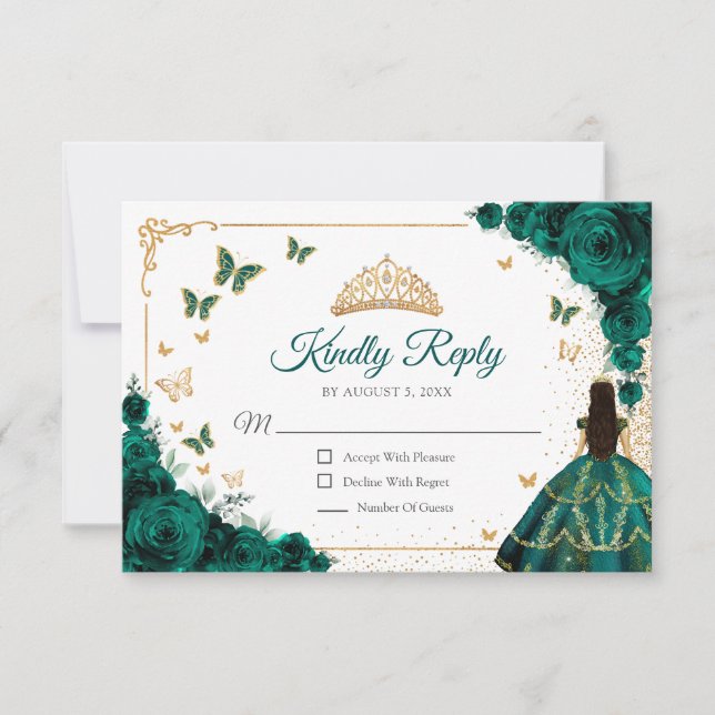 Chic Emerald Green Roses Gold Quinceanera Reply RSVP Card (Front)