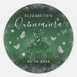 Chic Emerald Green Silver Glitter Gown Quinceañera Classic Round Sticker