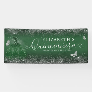 Chic Emerald Green Silver Gown Quinceañera Welcome Banner