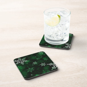 Chic Emerald Green Snowflake Motif Coaster