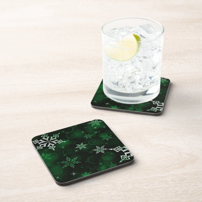 Chic Emerald Green Snowflake Motif Coaster (Right Side)