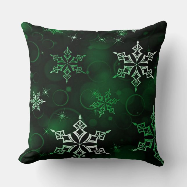 Chic Emerald Green Snowflake Motif Throw Pillow (Front)