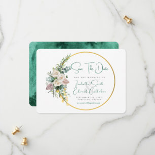 Chic Emerald Green Watercolor Gold & Floral Frame  Save The Date