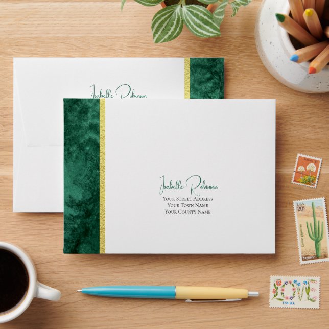 Chic Emerald Green Watercolor Wash Wedding RSVP Envelope (Desk)