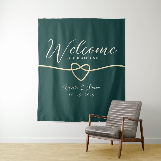 Chic Emerald Green Wedding Welcome Backdrop  Tapestry (In Situ)