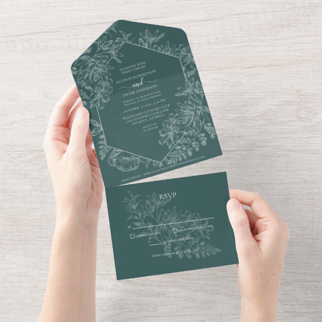 Chic Emerald Green White Floral Botanical Wedding All In One Invitation (Tearaway)