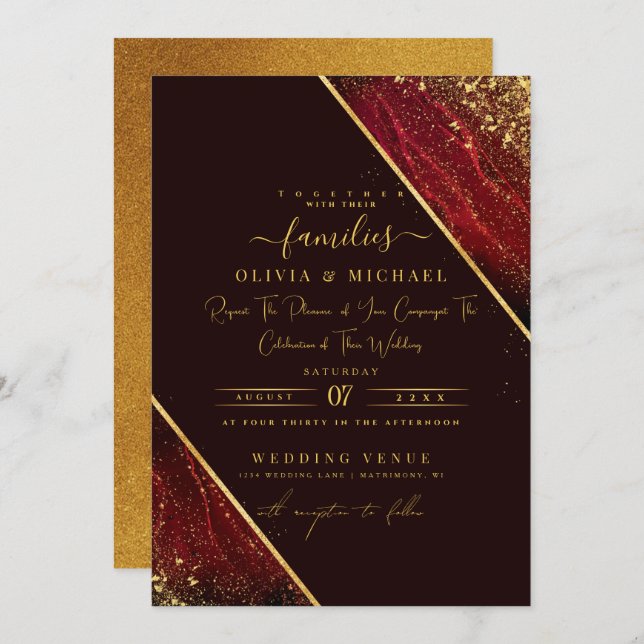 CHIC EMERALD RED DARK FOIL ABSTRACT AGATE WEDDING  INVITATION (Front/Back)
