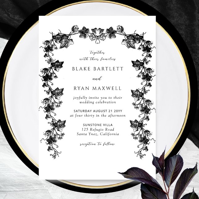 Chic Enchanting Black Botanical Garlands Wedding Invitation (Creator Uploaded)