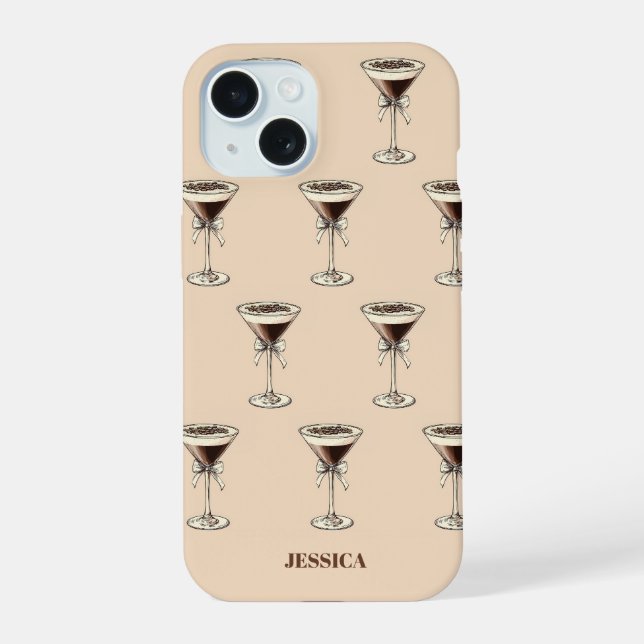 Chic Espresso Bow Pattern Personalized Brown iPhone 15 Case (Back)