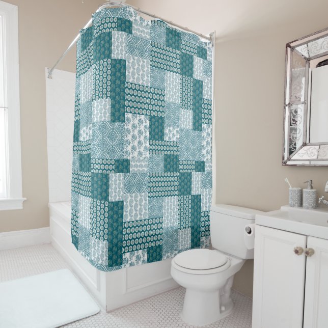 Chic Ethnic Faux Patchwork Pattern, Teal and White (In Situ)