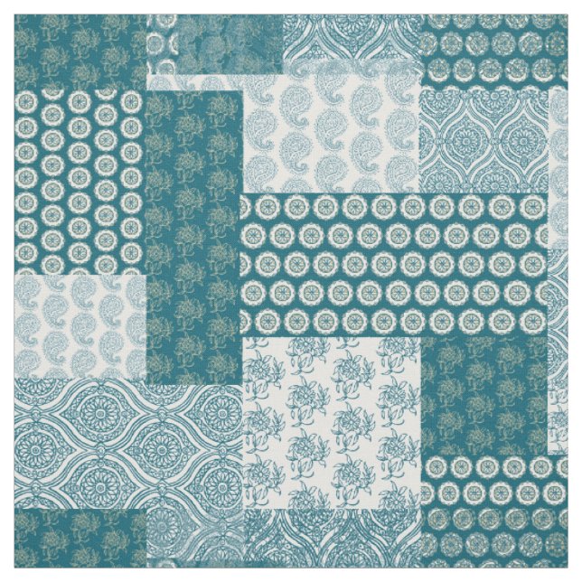 Chic Ethnic Faux Patchwork Pattern, Teal and White Fabric (Swatch)