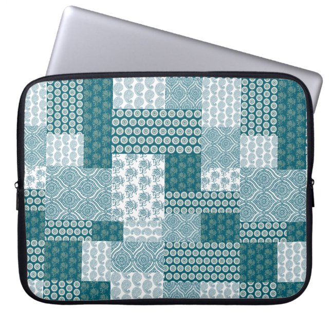 Chic Ethnic Faux Patchwork Pattern, Teal and White Laptop Sleeve (Front)