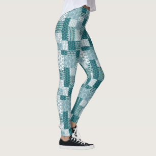 Chic Ethnic Faux Patchwork Pattern, Teal and White Leggings