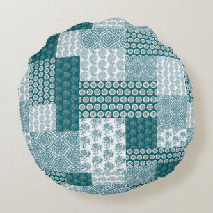 Chic Ethnic Faux Patchwork Pattern, Teal and White Round Pillow