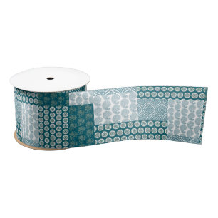 Chic Ethnic Faux Patchwork Pattern, Teal and White Satin Ribbon