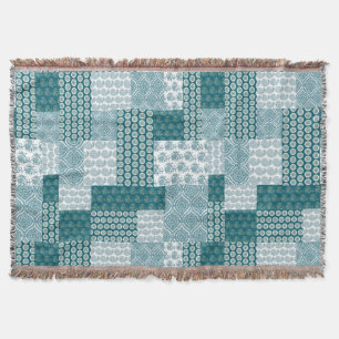 Chic Ethnic Faux Patchwork Pattern, Teal and White Throw Blanket