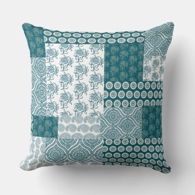 Chic Ethnic Faux Patchwork Pattern, Teal and White Throw Pillow (Front)