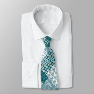 Chic Ethnic Faux Patchwork Pattern, Teal and White Tie