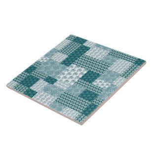Chic Ethnic Faux Patchwork Pattern, Teal and White Tile