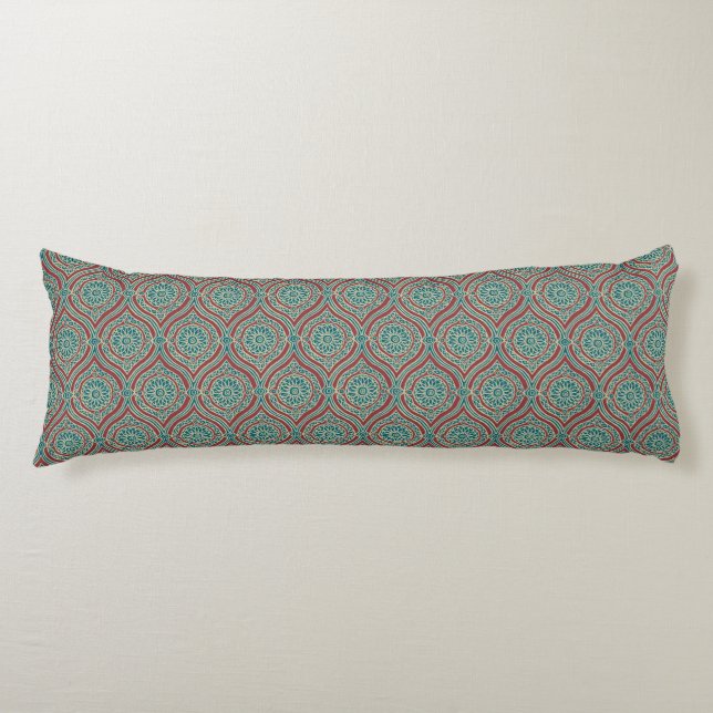 Chic Ethnic Ogee Pattern in Maroon, Teal and Beige Body Pillow (Front)