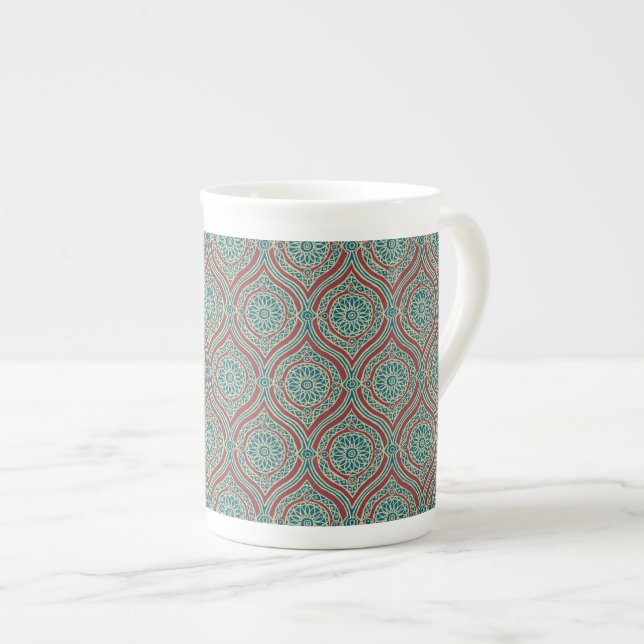 Chic Ethnic Ogee Pattern in Maroon, Teal and Beige Bone China Mug (Front Right)