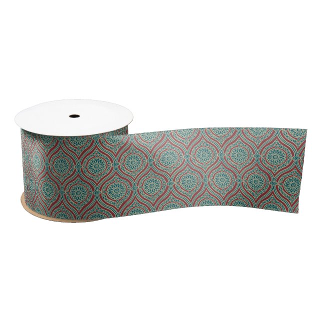 Chic Ethnic Ogee Pattern in Maroon, Teal and Beige Satin Ribbon (Spool)