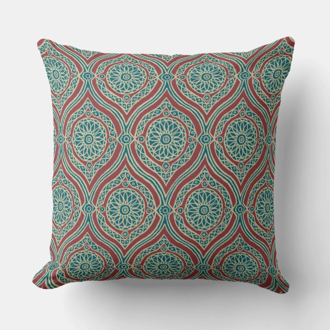Chic Ethnic Ogee Pattern in Maroon, Teal and Beige Throw Pillow (Front)