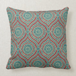 Chic Ethnic Ogee Pattern in Maroon, Teal and Beige Throw Pillow