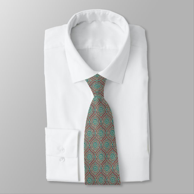 Chic Ethnic Ogee Pattern in Maroon, Teal and Beige Tie (Tied)