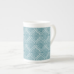 Chic Ethnic Ogee Pattern in Teal on White Bone China Mug