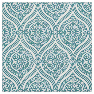 Chic Ethnic Ogee Pattern in Teal on White Fabric