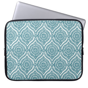Chic Ethnic Ogee Pattern in Teal on White Laptop Sleeve