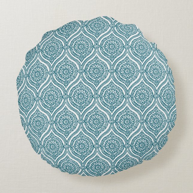 Chic Ethnic Ogee Pattern in Teal on White Round Pillow (Back)