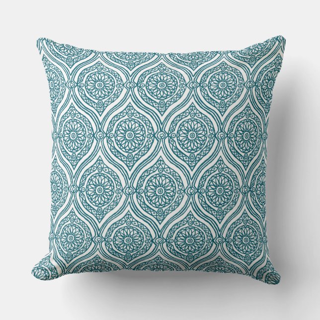 Chic Ethnic Ogee Pattern in Teal on White Throw Pillow (Front)