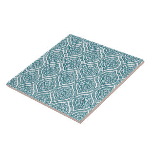 Chic Ethnic Ogee Pattern in Teal on White Tile