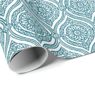 Chic Ethnic Ogee Pattern in Teal on White Wrapping Paper
